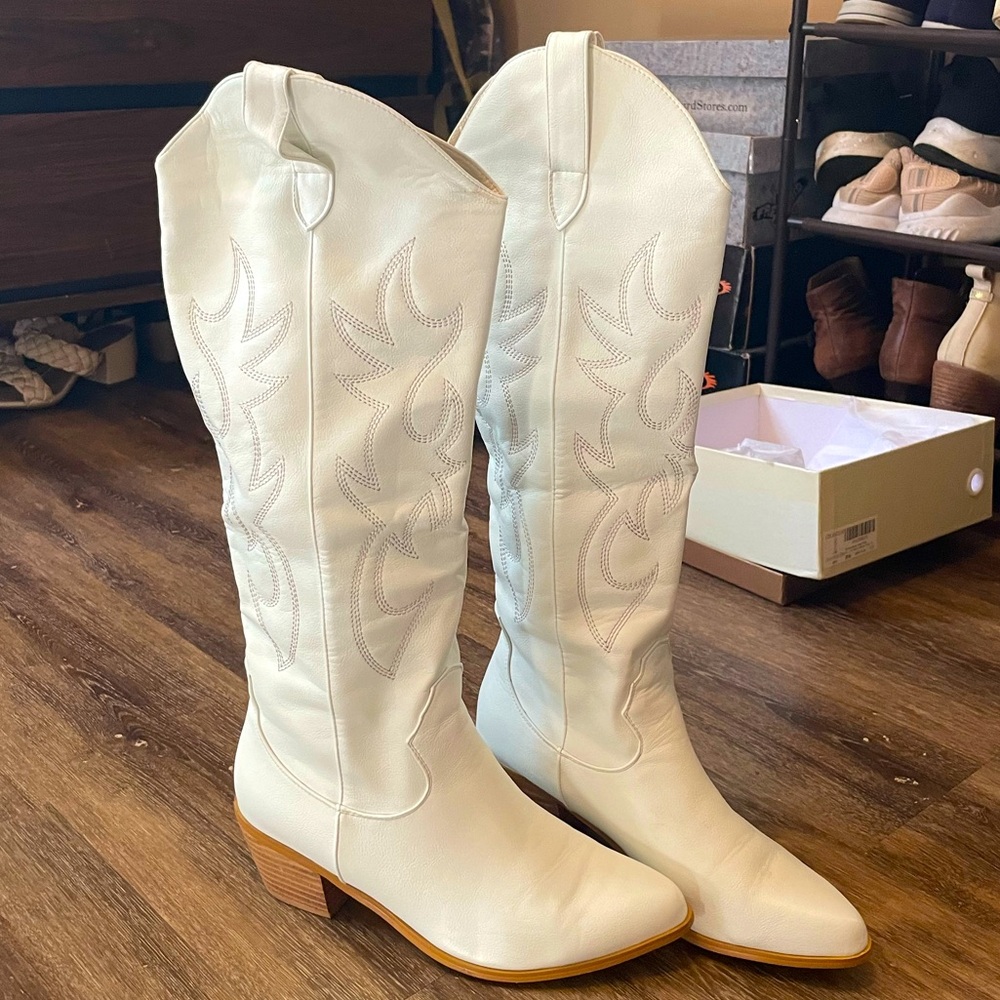White pleather cowboy boots
